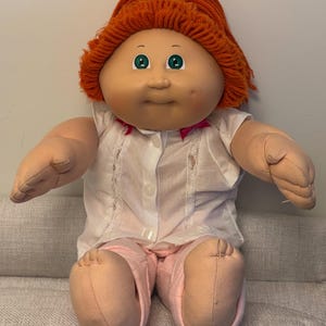 Vintage 1985 Cabbage Patch Kid Rare Green Eyes Red Hair Combo Head Mold 3, OK Factory Blue Signature Coleco Dolls
