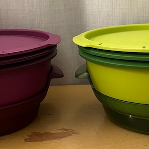 Può includere: Due cesti a vapore impilabili, uno viola e uno verde. Il cestello a vapore viola è in plastica e ha una finitura liscia. Il cestello a vapore verde è in plastica e ha una finitura testurizzata.