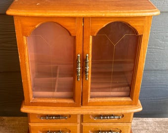 Vintage wood Jewelry Box Tallboy with Pink Velvet Interior
