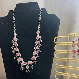 Pink Crystal Necklace & Drop Earring Set Bridal Jewelry