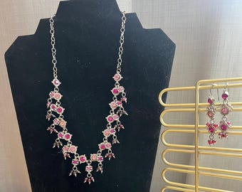 Pink Crystal Necklace & Drop Earring Set Bridal Jewelry