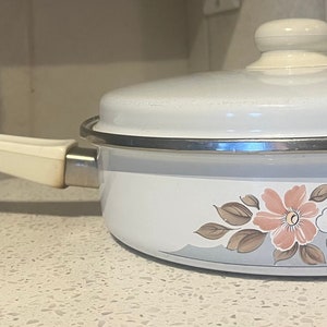 Vintage Enamel Frying Pan with Lid White with Flowers Made in Poland