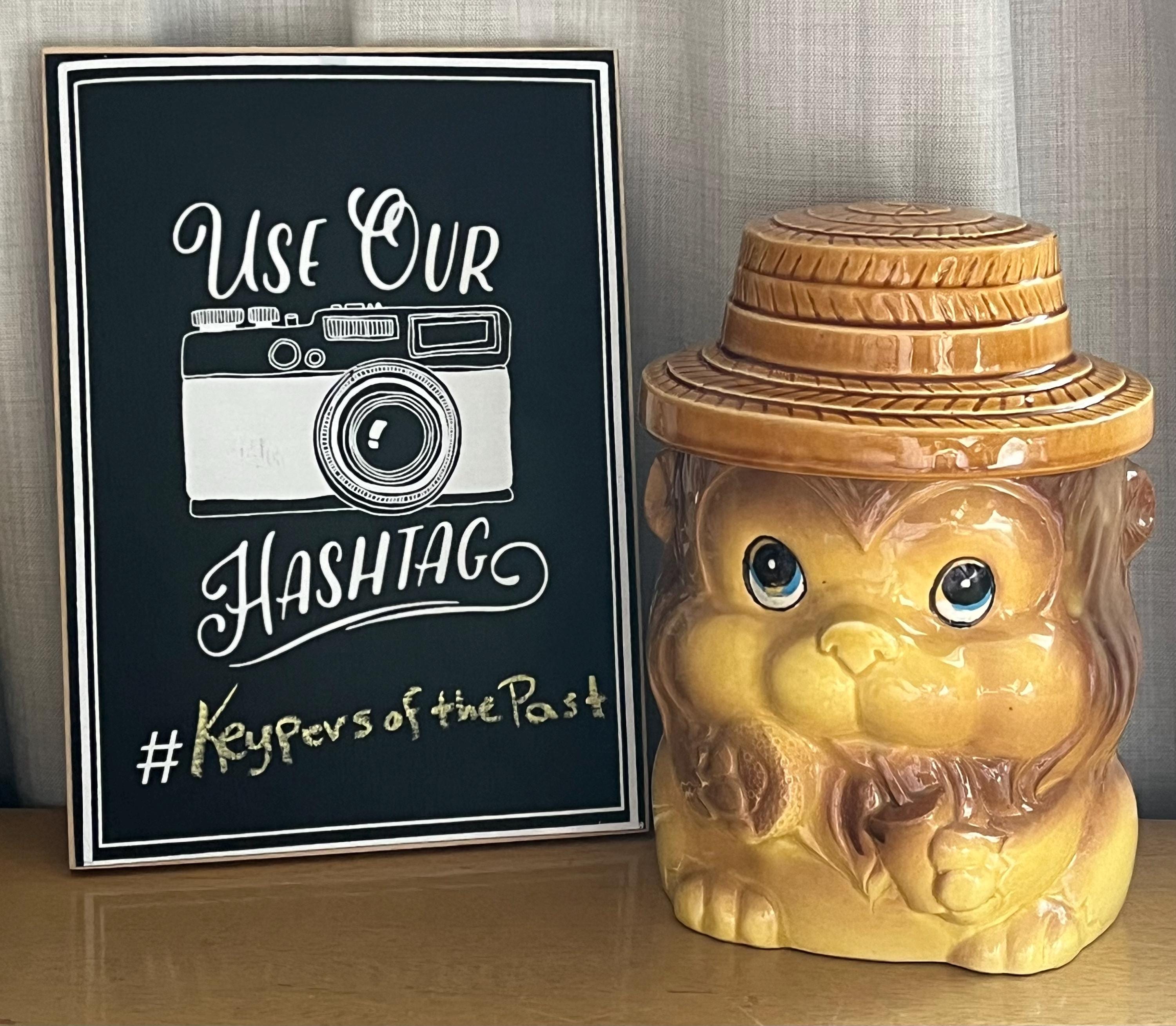 Vintage Ceramic Cookie Jar Kitchy Lion With Straw Hat Made in