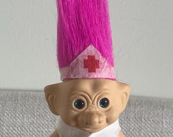 Vintage Nurse Troll with Pink Hair and Nurses Uniform Nostalgic Toys Made in Korea