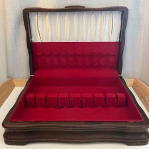 Vintage Wood Flatware Chest Red Felt White Satin Interior Silverware box Gothic Vintage Decor