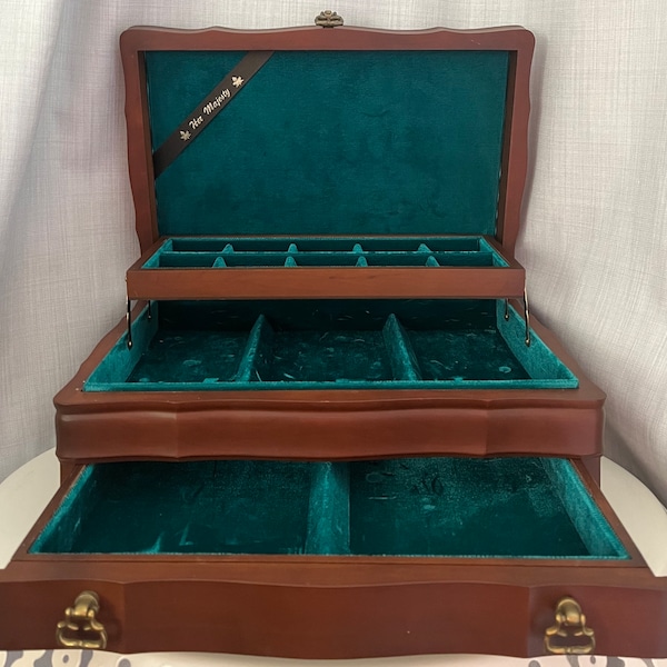 Large Vintage Jasco Wood Jewelry Box with Drawer Brass Handles Teal Green Velvet Interior Her Majesty Made in Canada Newcastle Ontario