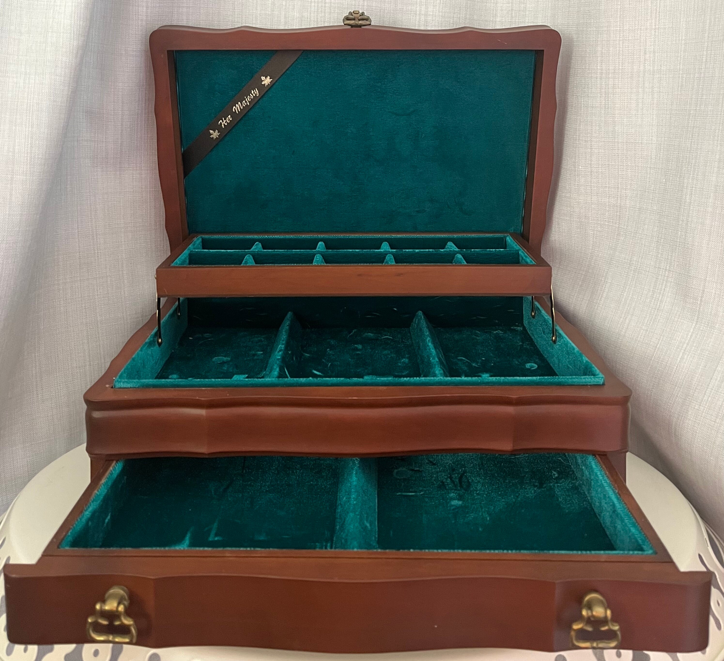Large Vintage Jasco Wood Jewelry Box With Drawer Brass Handles