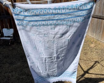 Vintage Caldwell Towel with Fringe, Blue Flowers and Stripes Made in Canada 90 Cotton 10 Polyester 22” Wide x 40” Long