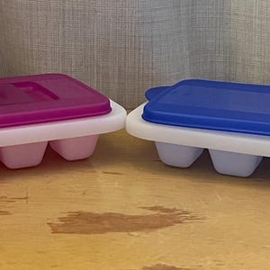 Könnte beinhalten: Zwei Eiswürfelformen mit Deckeln. Eine Form ist pink mit weißem Boden und die andere ist blau mit weißem Boden.