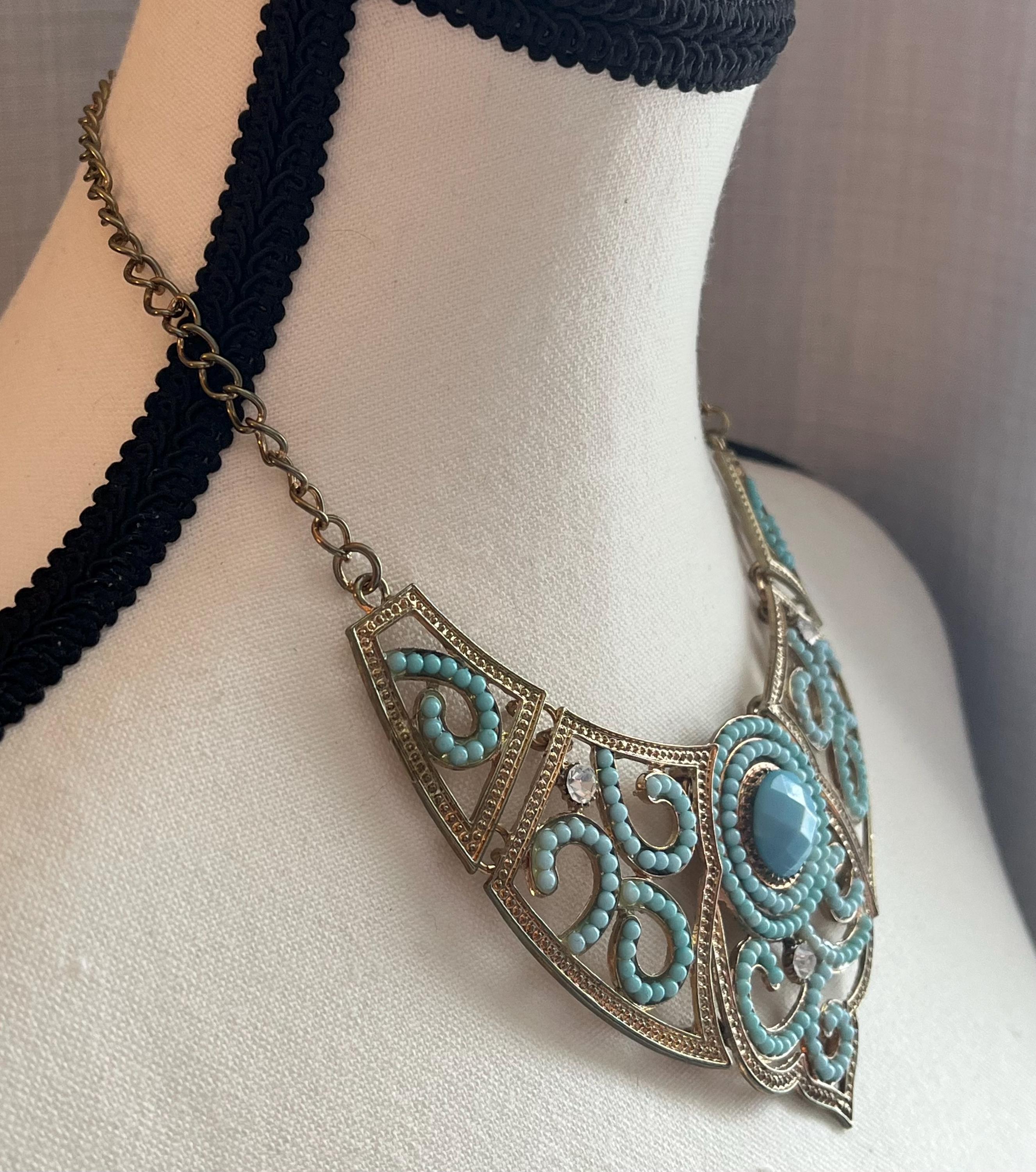 Parure Vintage Collier & Boucles D'oreilles Turquoise Métal - Style Années 70