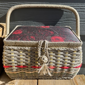 Vintage Sewing Basket with Red Floral Pincushion Lid  Eatons