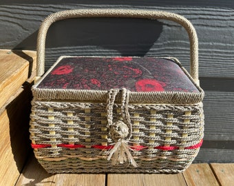 Vintage Wicker Sewing Basket with Red Floral Pincushion Lid  Eatons