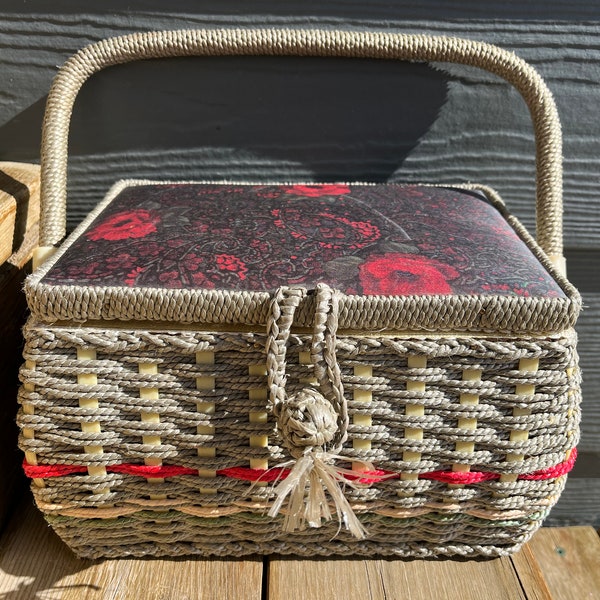 Vintage Sewing Basket with Red Floral Pincushion Lid  Eatons