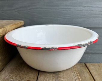 Bol de hierro esmaltado vintage, decoración rústica blanca y roja