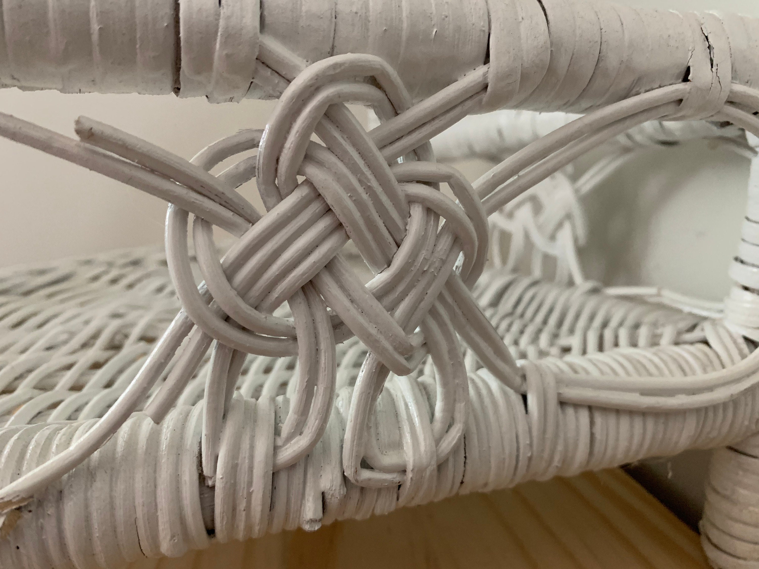 Vintage White Wicker Two Tier Knick Knack Corner Shelf White