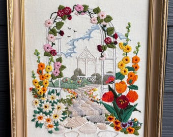 Framed Mid Century Floral Gazebo Arch Crewel Wall Hanging Decor