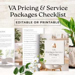 May include: A checklist titled "VA Pricing & Service Packages Checklist" with the text "Editable or Printable." The image includes a checklist with sections on pricing decisions, packages, and presenting prices. A plant in a decorative pot is on the right.