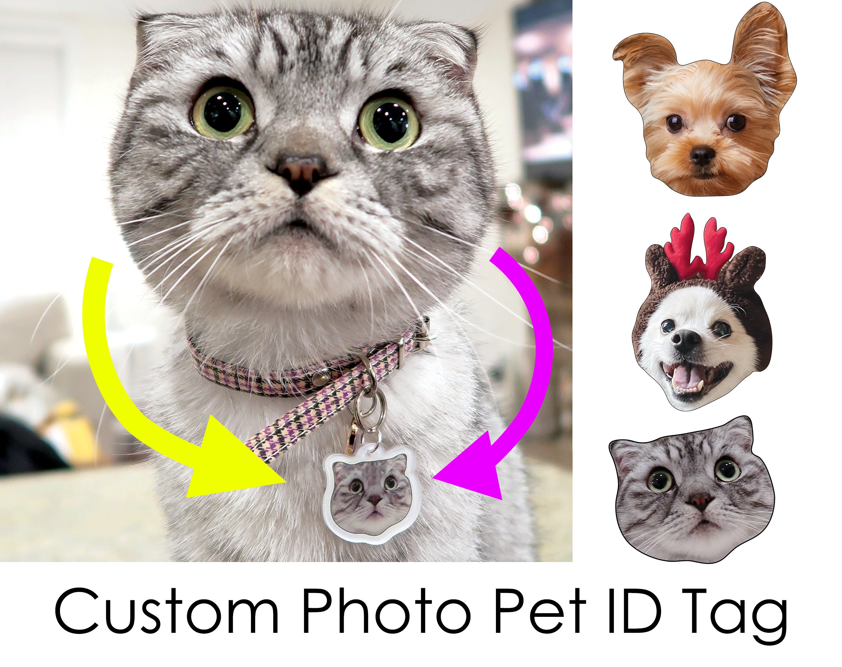 Cat Shaped Dog Cat Pet ID Tag Custom Engraved Acrylic Plastic 6 Colors & 3 Sizes to Choose From Message Seller with Engraving Information 