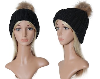 Women's knitted hat, fur bobble, winter ski hat, pompom, women's envelope, snow knit 67