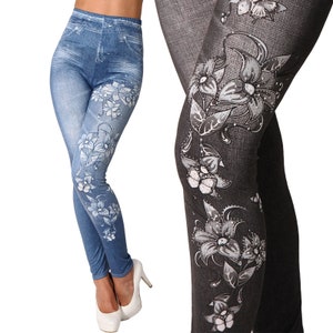 May include: Two pairs of leggings with a denim print and floral designs. One pair is blue with white flowers and the other is black with gray flowers.