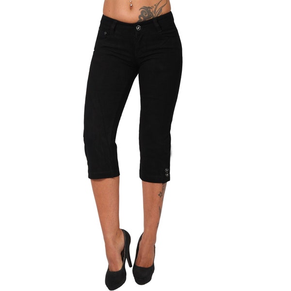 Niedrige Capri Damen Jeans Hose Glitzer Zier Knöpfe Hüfthose Nieten Bein Skinny 88593