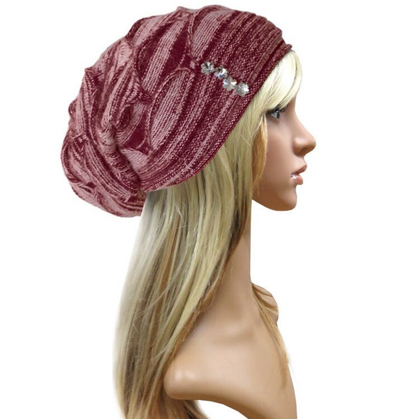 Damen Angora Strickmütze mit Strass Ballon Mütze Wintermütze Ballonmütze Long Beanie