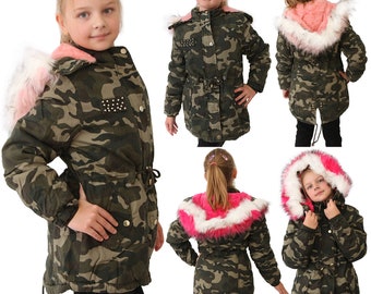 Jacket Parka Camouflage Girls Army Giant Faux Fur Collar Teddy Coat Winter KF100