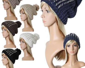 Women's Winter Hat Ponpon Knitted Hat Pompom Rhinestone Stone Balloon Long Beanie Braid A151304