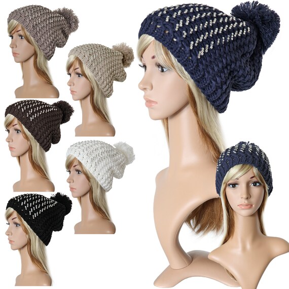 Women's Winter Hat Ponpon Knitted Hat Pompom Rhinestone