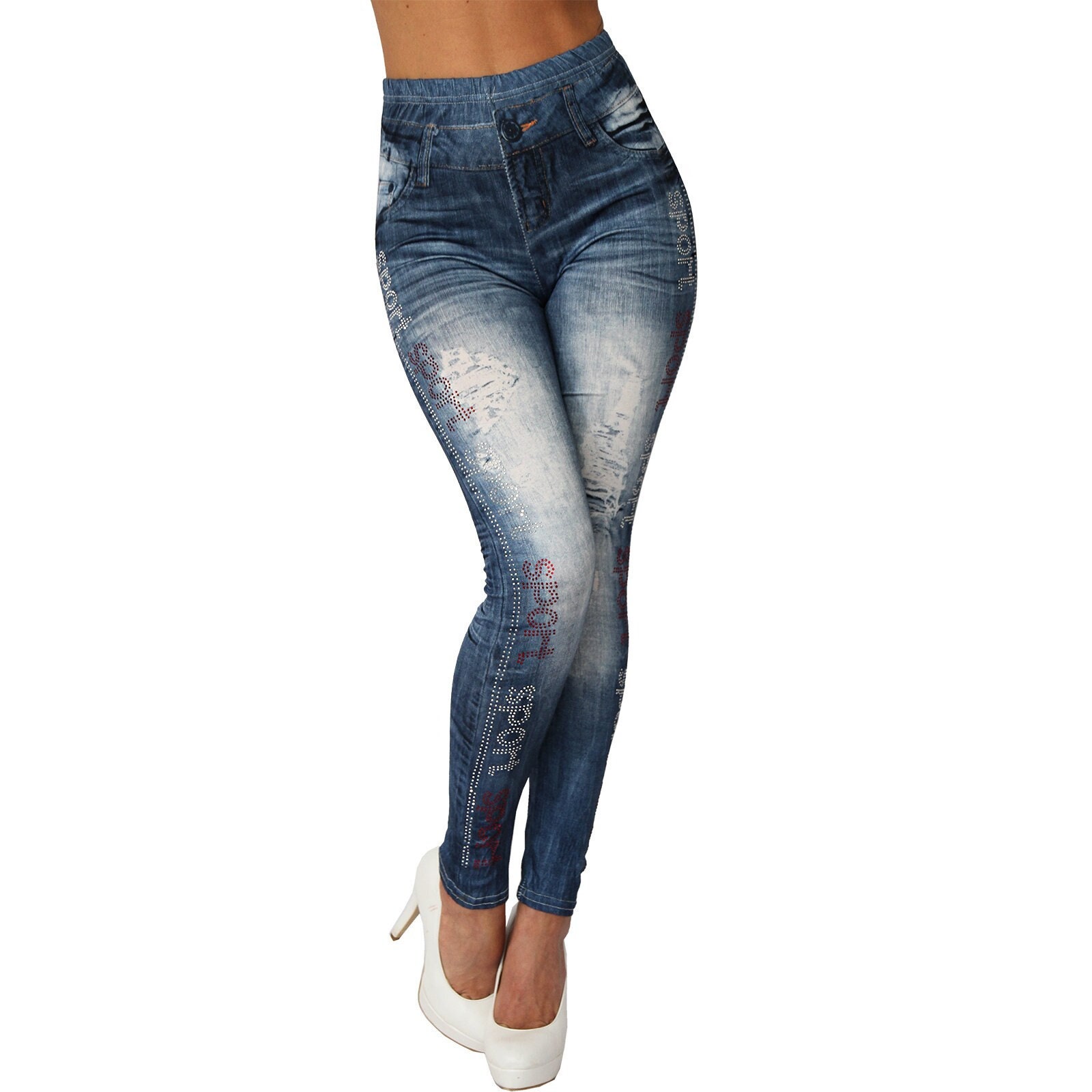 Clearance Women's Denim Print Fake Jeans Look Like Leggings Seamles  Stretchy High Waist Slim Skinny Jeggings with Pockets Full Length 