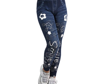 Kinde Jeans Look Optik Smile Flowers Strass Clouds Treggings Leggins Trousers Jeans Leggings Jegging 702-301