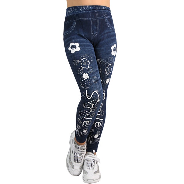 Kinde Jeans Look Optik Smile Blumen Strass Wolken Treggings Leggins Hose Jeans Leggings Jegging 702-301