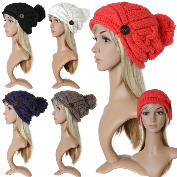 Damen Mütze Stickmütze Ballon Wintermütze Ballonmütze Beanie Neu Zopf Knopf Bommel 856