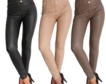 Damen Leggings Hose Knöpfe Leder Imitat Wet Look Bänder High Waist Jeggings Optik Gold 95532