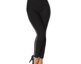 Damen Leggings Thermo Zierband Fashion Strass Steine High Waist Stretch Hose Winter 2171