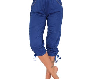 Damen Hose Capri 3/4 Nieten High Waist Taschen Sommer Urlaub Strand Strass Steine 5610