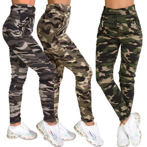 May include: Three pairs of camouflage leggings with zippered pockets. The leggings are made of a stretchy, comfortable fabric and are perfect for casual wear.