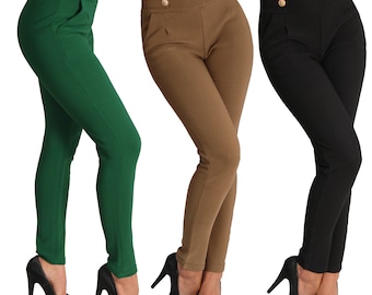 Women's Pants Buttons Thermal High Waist Gold Treggings Leggings Stretch Business Lined HO9616