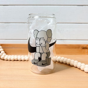 Kaw Separated Coffee Glass Can | Cartoon Bear Glass Cup | Kaw Hypebeast Reusable Coffee Cup | With Lid & Straw | Gifts For Him | Hypebeasts