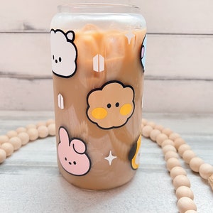 BTS Iced Coffee Glass | BT21 Minini Heads Beer Can Glass | BTS BT21 Gifts | BTS Glass Cup | Bts Merch | Cup With Lid & Straw