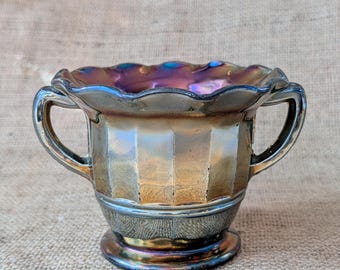 vintage Améthyste Carnaval manche en verre sucrier irisé à volants bord festonné
