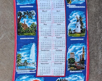 Torchon calendrier Australie 1982 vintage, lin souvenir rétro, textile upcycling fête des mères