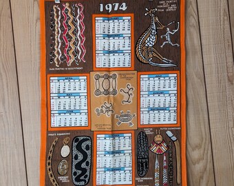 Vintage 1974 Calendar Brown and Orange Australiana Aboriginal Art Souvenir Tea Towel