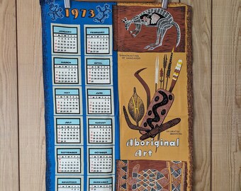 Vintage 1973 Calendar Australiana Aboriginal Art Souvenir Tea Towel