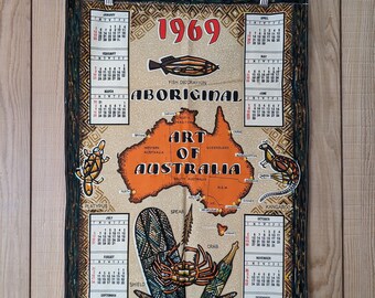 Vintage 1969 Calendar Australiana Aboriginal Art Souvenir Tea Towel