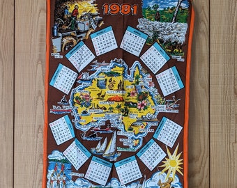 vintage 1981 calendrier Australiana torchon souvenir marron et orange