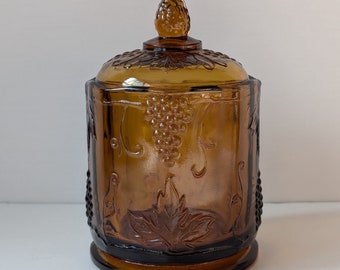 Vintage Indiana Glass Lancaster Colony Harvest Grape Amber Depression Glass Jar