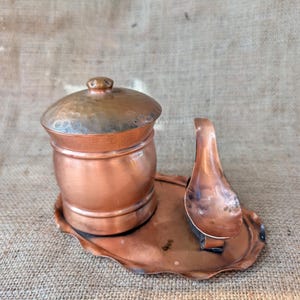 Vintage Gregorian Copper Tobacco Scuttle Sugar Bowl Tray Scoop Set