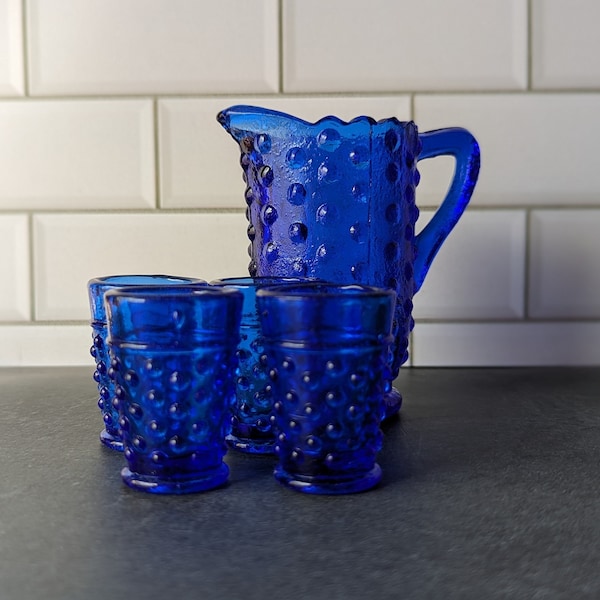 Vintage Fenton Hobnail Cobalt Blue Glass Miniature Pitcher and Glass Set