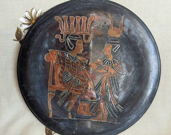 Vintage Egyptian Etched Copper Plate Wall Hanging